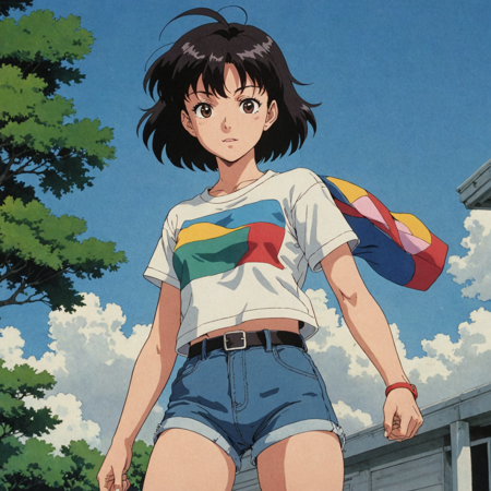31073406-2084045052-80's anime screencap, girl wearing a cropped top and short shorts, artistic rendition with wide brush strokes, anime comic.png